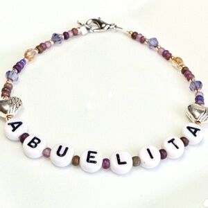 ABUELITA Bracelet Silver Tone Hearts, Lavender/Purple Beads & Crystals